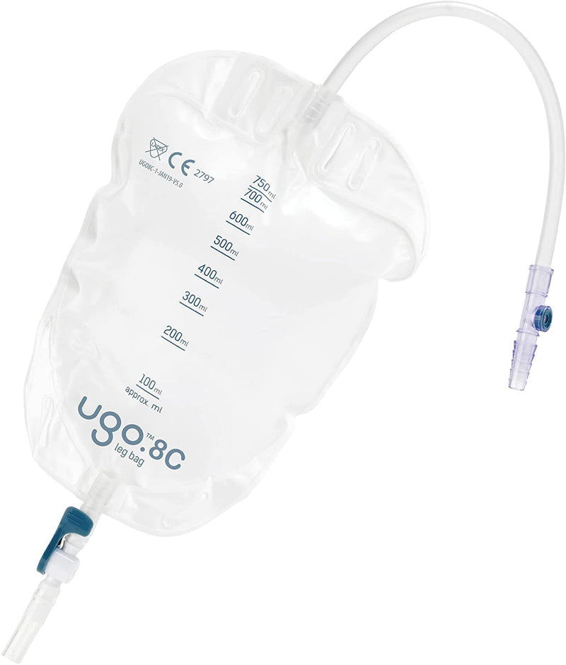 Ugo Leg Bags (X10) - Urine Drainage Bags/Catheter Leg Bags T Shape Or Lever Shaped Pockets With Soft Cloth Back (10 Pack) (Ugo 8C - 750Ml Long Tube Lever Fitting) - NewNest Australia