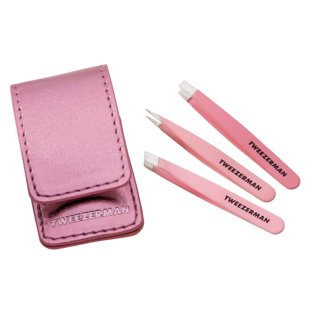 TWEEZERMAN mini tweezers set, 3 pieces for eyebrow plucking for travel and on the go, pink - NewNest Australia