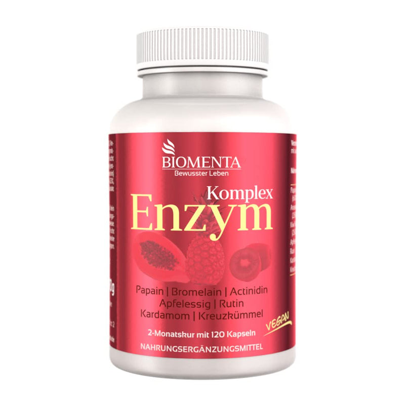 Biomenta Multi Enzyme Complex - With Papaya (Papain), Pineapple (Bromelain), Kiwi (Actinidine), Apple Vinegar, Rutin, Cardamom, Cumin - Vegan, 120 Enzyme Capsules - 2 Month Treatment - NewNest Australia