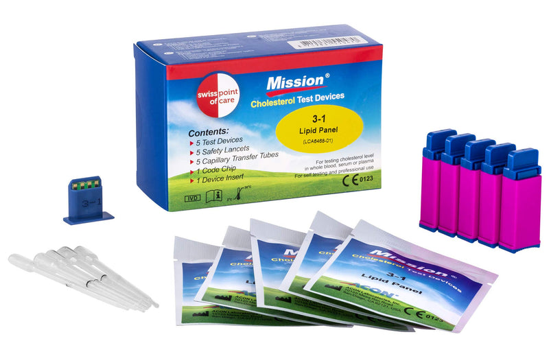 Swiss Point Of Care Mission 3 in 1 test strips and other measuring accessories | 5 cholesterol test strips, including 5 transfer tubes, 1 code chip, 1 device insert 5 pieces (pack of 1) - NewNest Australia