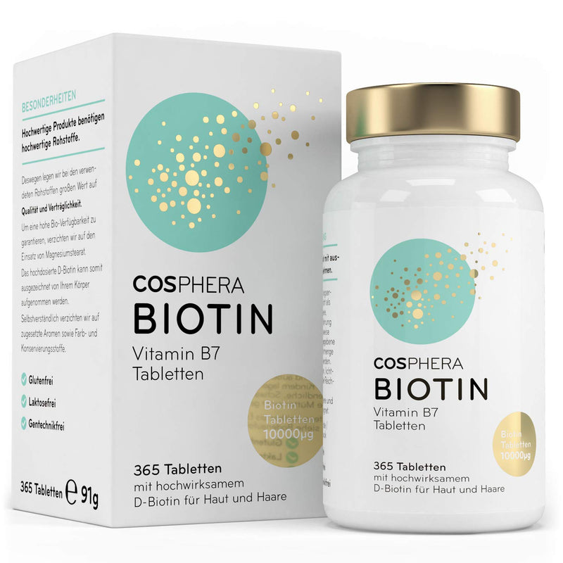 Biotin tablets - High dose with 10,000 mcg D-biotin per tablet - 365 vegan tablets in a 1-year supply - for beautiful hair and skin - Vitamin B7 contributes to the maintenance of normal skin and hair - NewNest Australia