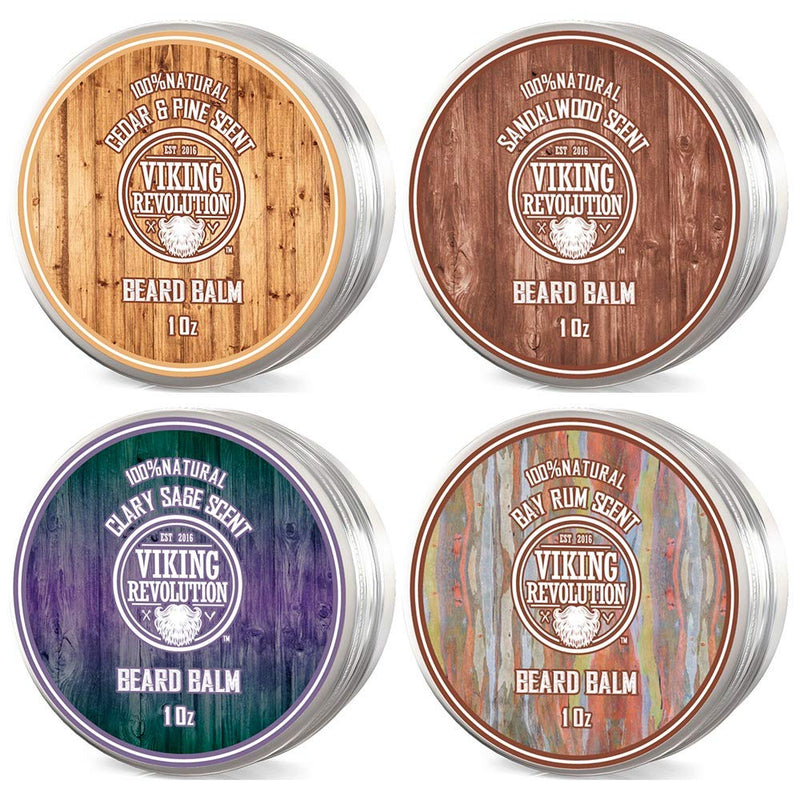 Viking Revolution Beard Balm Pack of 4 (28 g each) - Sandalwood, Cedar & Pine, Bay Rum, Clary Sage - Styles, Strengthens and Softens Beards & Mustaches - Nourishing Men 28.34 g (Pack of 4) - NewNest Australia