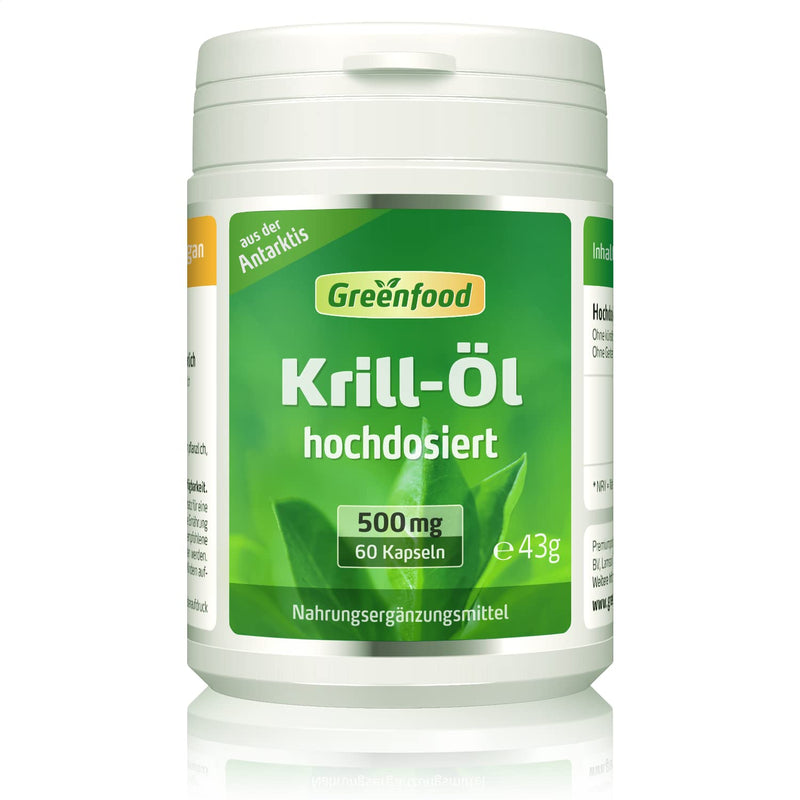 Greenfood Krill Oil, 500 mg, 60 capsules, high dosage - rich in EPA and DHA - for heart, vision and brain. WITHOUT artificial additives. Without genetic technology. Softgel capsules. 60 pieces (pack of 1) - NewNest Australia