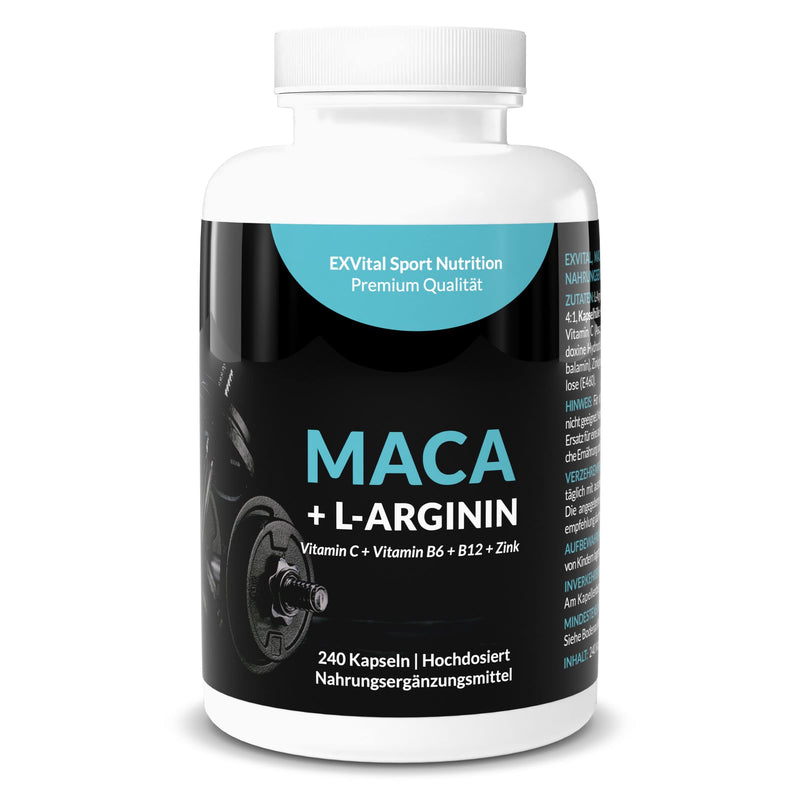 Exvital Maca Capsules 4000 Mg + L-Arginine 1800 Mg + Vitamins + Zinc, High Dosage, 2 Month Pack Of 240 Capsules In German Premium Quality, Money Back Guarantee, 1 Pack (1 X 206.4 G) - NewNest Australia