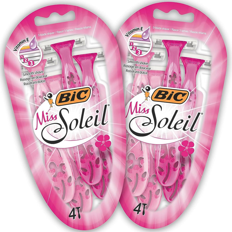 BIC Miss Soleil disposable razors for women, 2 x pack of 4 disposable razors with 3 blades each, with vitamin E for a gentle shave, 4 pieces (pack of 2) - NewNest Australia