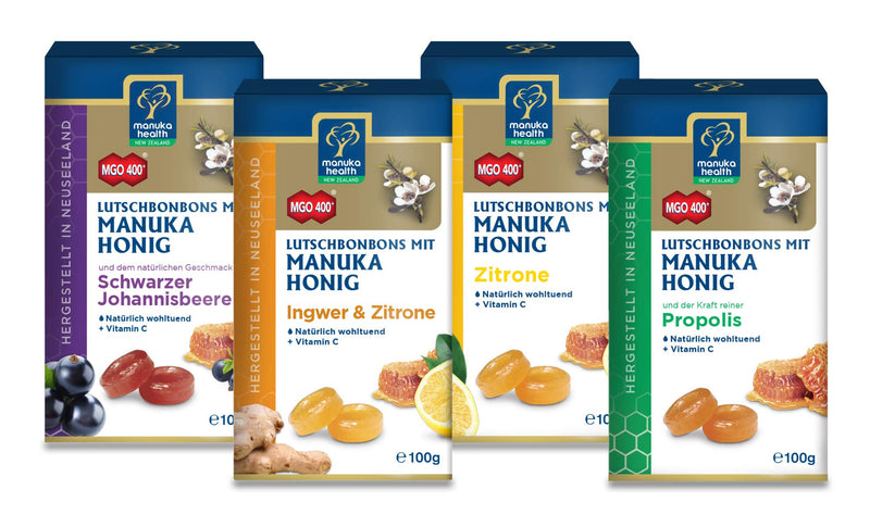 Manuka Health Honey Lollipops, Mixed Box with 4 Varieties, Blackcurrant, Propolis, Lemon, Ginger & Lemon (4 x 100g) - NewNest Australia
