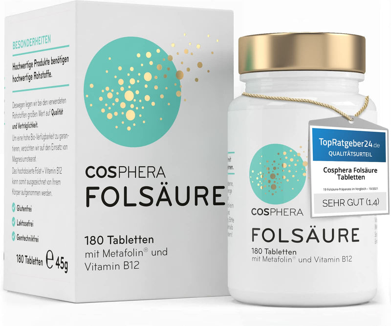 Folic acid tablets - High dose with 800 μg folate (metafolin) and 25 μg vitamin B12 per tablet - 180 vegan tablets in a 6-month supply - With 5-MTHF, the best usable vitamin B9 - NewNest Australia