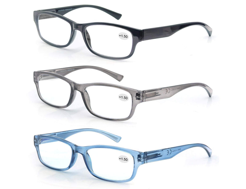 Pack of 3 reading glasses 2.0 men/women, good glasses, high quality, rectangular, comfortable, great reading aid, for men and women, black-blue-gray + 2.00 mixed color - NewNest Australia