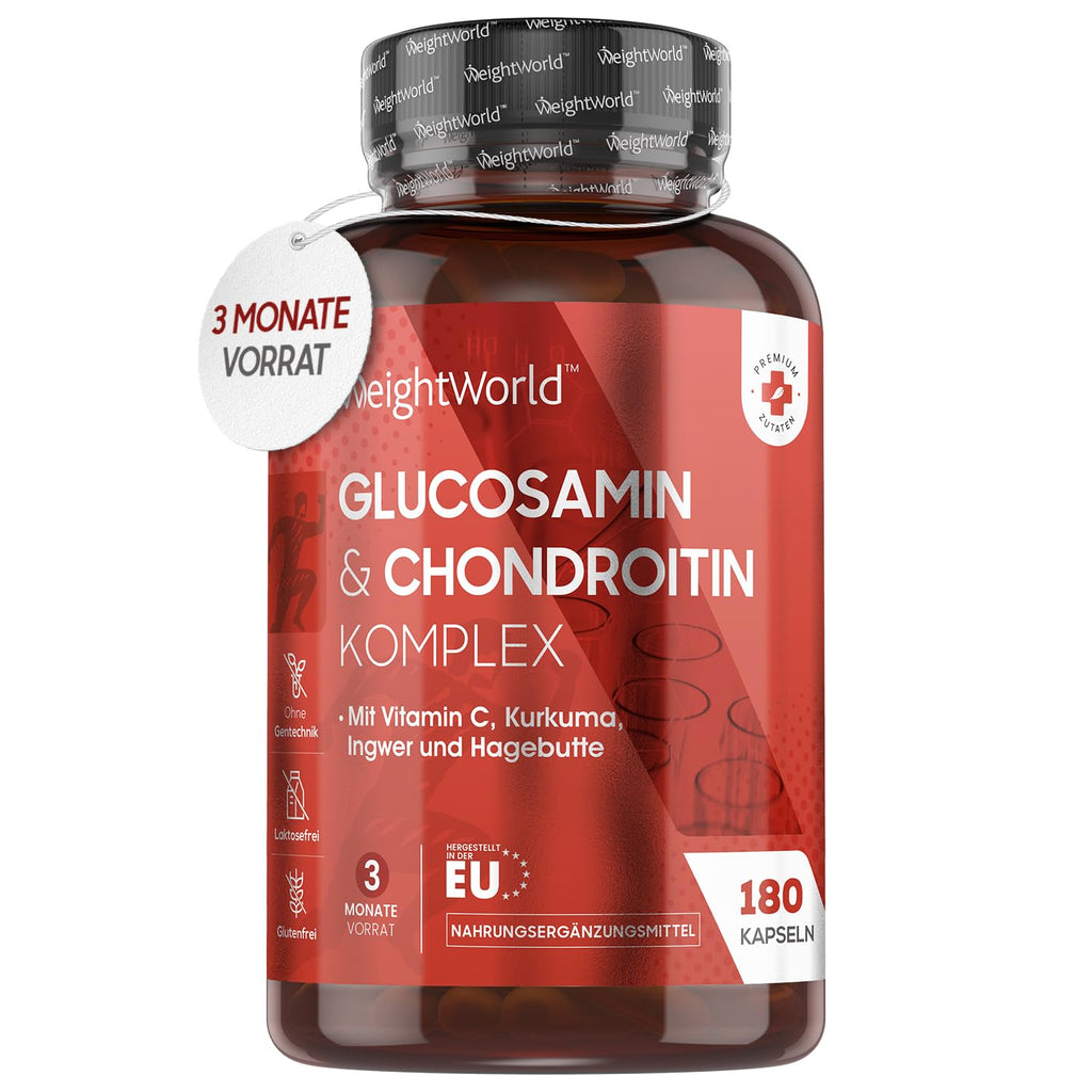 Weightworld Glucosamine Chondroitin Complex 1300 Mg - 180 Glucosamine Sulphate Capsules - 3 Months Supply - With Vitamin C For Immune System, Bones, Cartilage, Teeth & Skin - Ginger, Rose Hip & Turmeric - NewNest Australia