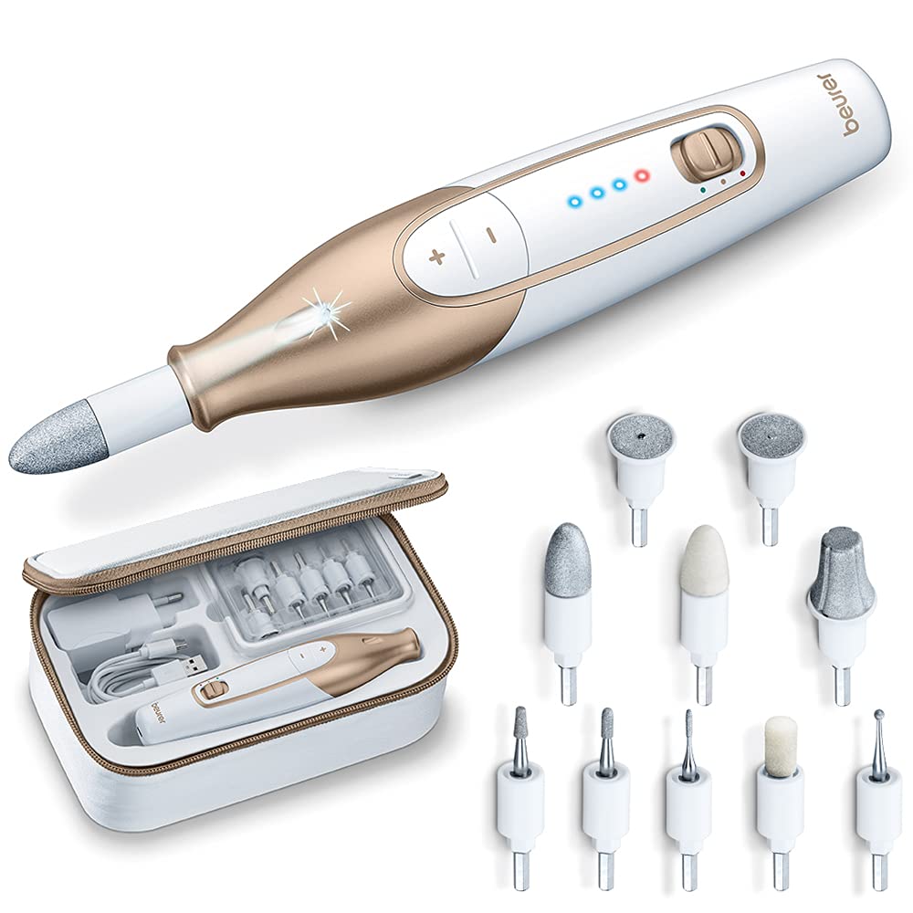 Beurer MP 64 manicure/pedicure set, electric nail care set with battery, 10 attachments for nail care for beautiful hands and feet, with LED light, one size, white and gold With storage case - NewNest Australia