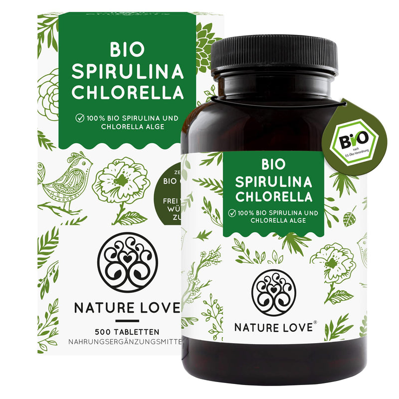 Nature Love Organic Spirulina + Organic Chlorella - 3000Mg Spirulina & Chlorella Per Daily Dose - 500 Tablets - No Additives And Certified Organic - High Dosage, Laboratory Tested And 100% Vegan - NewNest Australia