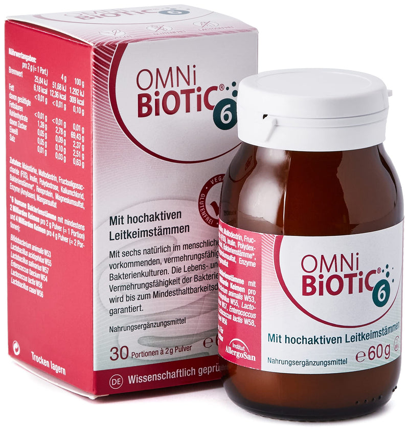 Omni Biotic 6 | Glass | 30 Servings (60G) | 6 Bacterial Strains | 4 Billion Germs Per Daily Dose | Powder | With Inulin | Vegan | Gluten Free | Lactose Free | For Daily Use - NewNest Australia