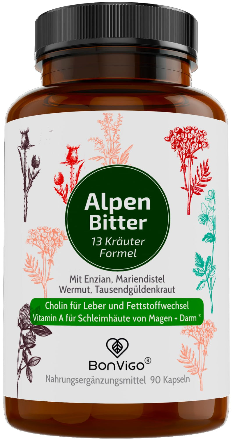 Bonvigo Alpenbitter 90 Bitter Capsules With Gentian, Wormwood, Dandelion, Centaury - Choline Supports Liver, Fat Metabolism, Digestion - 12-Herb Formula According To Stomach Bitter Monastery Recipe 1 - NewNest Australia
