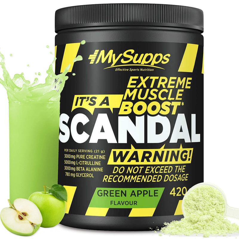 My Supps Scandal - Pre Workout Booster - Your High Dose Workout Booster For Every Day - With Extra Citrulline, Caffeine & Creatine, Made In Germany - 420 G (Green Apple) - NewNest Australia