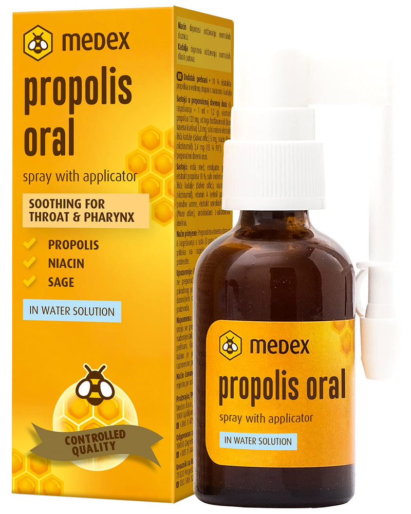Medex Propolis Oral, Mouth And Throat Spray, Water-Based, Without Alcohol; With Honey, Sage, Niacin, Echinacea, Standardized Amount Of Bioflavonoids, With Applicator, 30 Ml - NewNest Australia