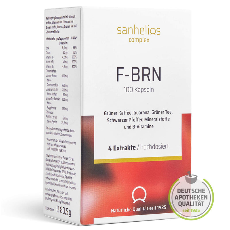Sanhelios® F-BRN Capsules - Green Tea, Green Coffee, Guarana, Black Pepper | Pharmacy product, 100 pcs.| Vegan, made & tested in Germany - NewNest Australia