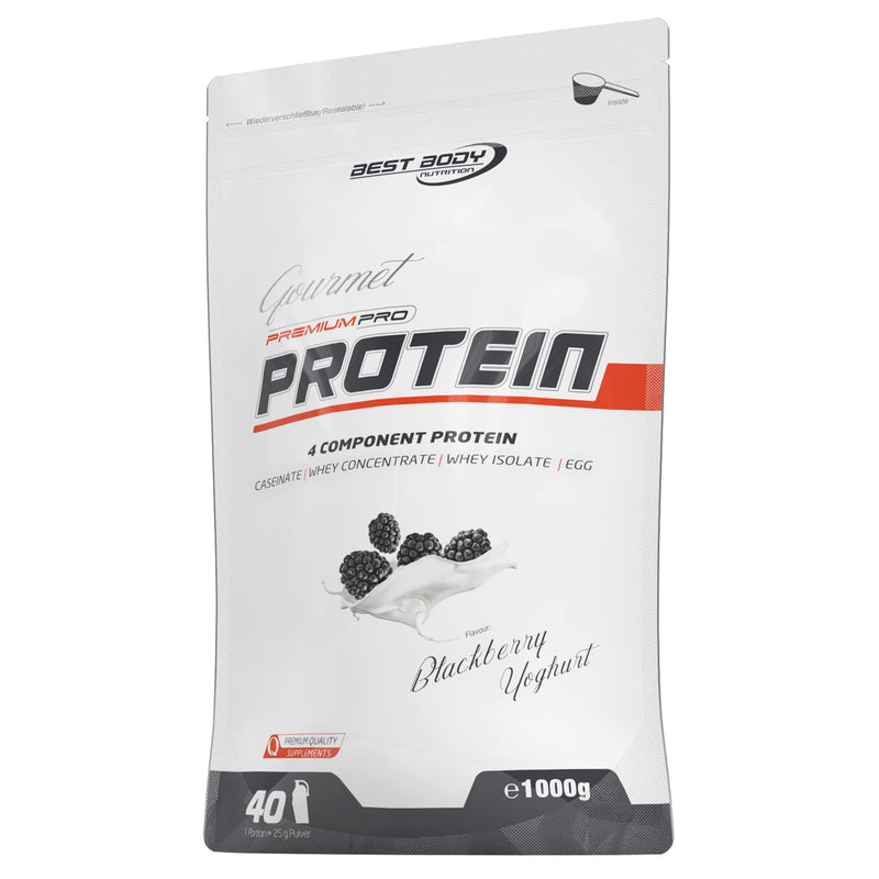Best Body Nutrition Gourmet Premium Pro Protein, Blackberry Yoghurt, 4 Component Protein Shake: Caseinate, Whey Concentrate, Whey Isolate, Egg Protein, 1 Kg Zip Bag - NewNest Australia