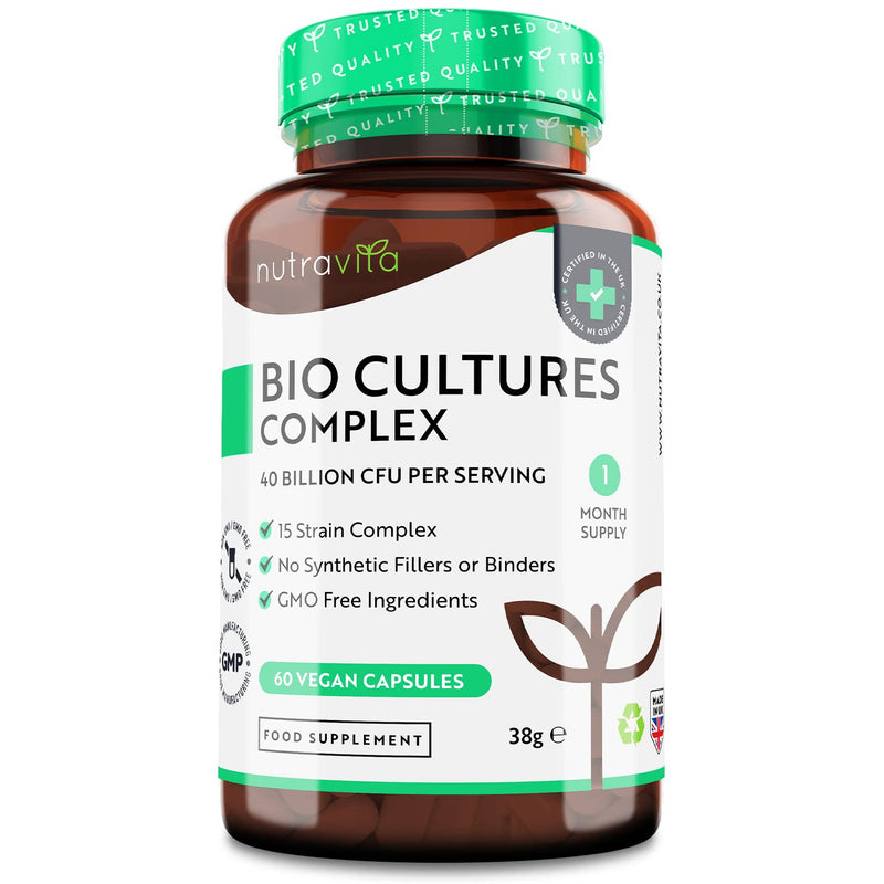 Bio Cultures Complex - 40 Billion Cfu Per Daily Dose With 15 Bacterial Strains - High Dose Vegan Probiotic Capsules With High Efficiency And Intensive Active Ingredient Content - Made By Nutravita - NewNest Australia