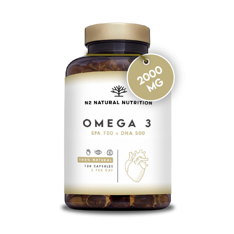 Omega 3 capsules, high dose with 2000 mg fish oil with 700 mg EPA and 500 mg DHA, fish oil with vitamin E and the omega 3 fatty acids. 120 softgel capsules of pure sea fish oil N2 Natural Nutrition - NewNest Australia