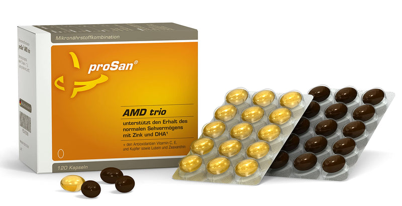 proSan AMD trio | supports the maintenance of normal vision with zinc & DHA | According to the AREDS2 study: lutein, zeaxanthin, vitamin C, E, zinc, copper + extra high doses of omega-3 fatty acids DHA + EPA - NewNest Australia