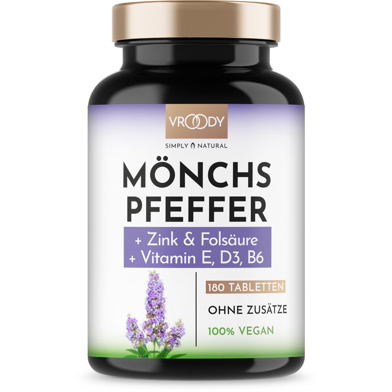 High-dose monk's pepper - 180 small Agnus Castus tablets + folic acid, zinc, vitamin E, D3, B6 & calcium - 6 month supply, vegan & free of additives Made in Austria by VROODY - NewNest Australia
