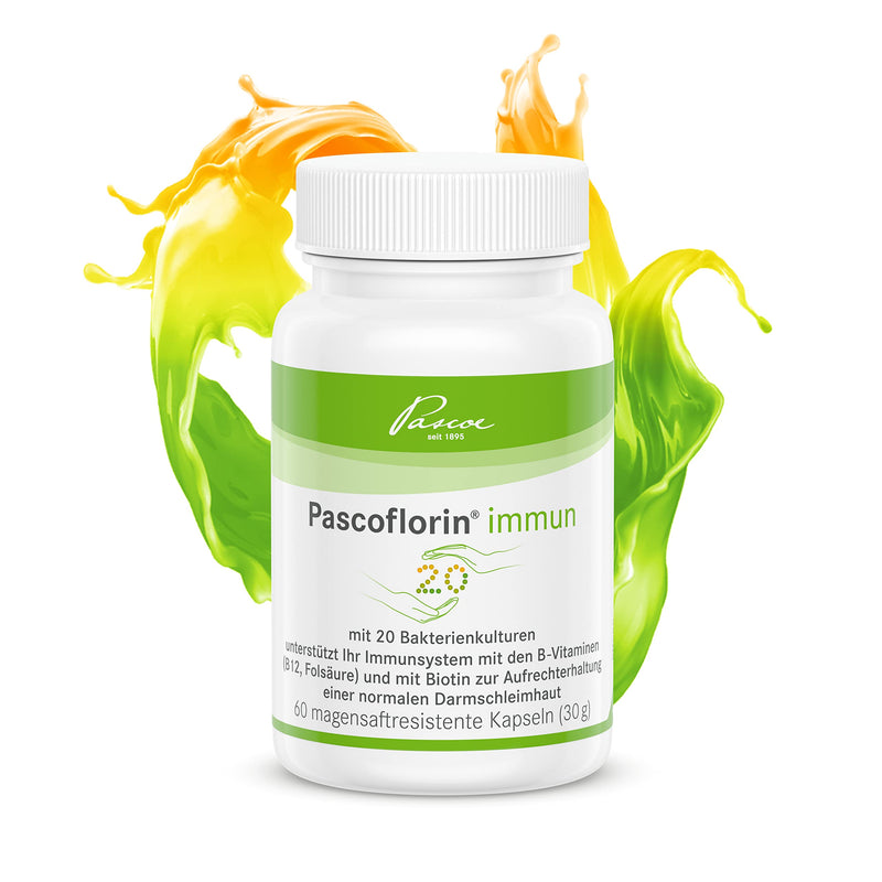 Pascoflorin immune: 20 lactic acid-producing bacterial cultures - with vitamin B12, biotin, inulin & folic acid - also accompanying antibiotic therapy - NewNest Australia