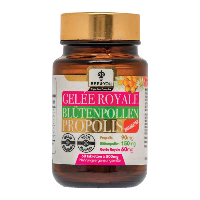 Bee&You Royal Jelly Bee Pollen Propolis with 500 mg 60 tablets (Propolis Capsules - Chewable Tablets - Propolis Extract - No Additives - Fair Trade - Natural & Controlled Ingredients) - NewNest Australia