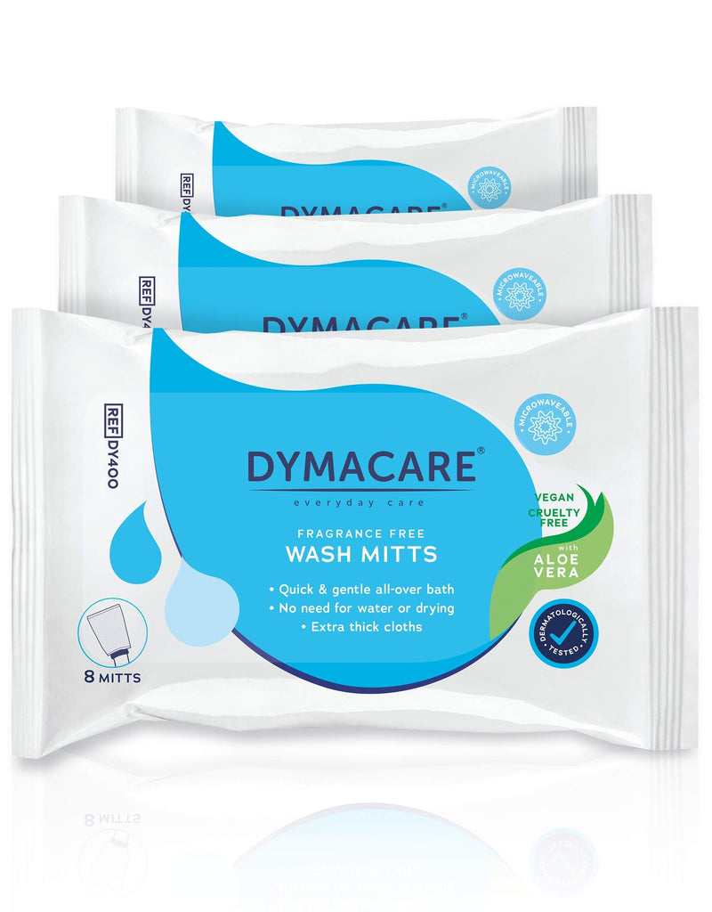 Dymacare® moist wash gloves, fragrance-free, soft large gloves, face-body-hands, can be heated in the microwave, with nourishing aloe vera, disposable (pack contains 8 wash gloves each) 3 packs - NewNest Australia