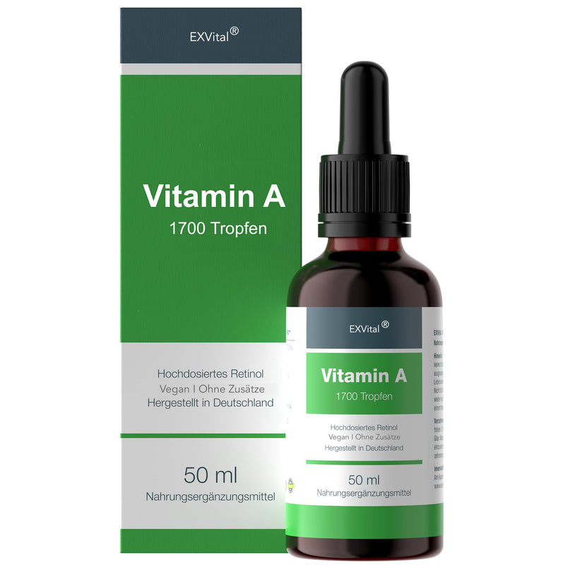 Vitamin A drops from EXVital - 5000 IU (1500 µg) per daily dose, 50 ml = 1700 drops, laboratory tested, high-dose retinol - vegan - vitamin A liquid - NewNest Australia