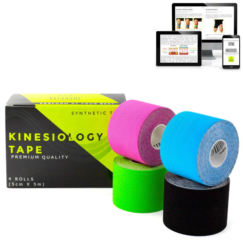 Kalahari 4 Rolls Of Professional Kinesiology Tape Plus E-Book Applications In Italian - Synthetic Kinesiology Tape For Better Adhesion And Water And Sweat Resistance - (5Cm X 5M). - NewNest Australia