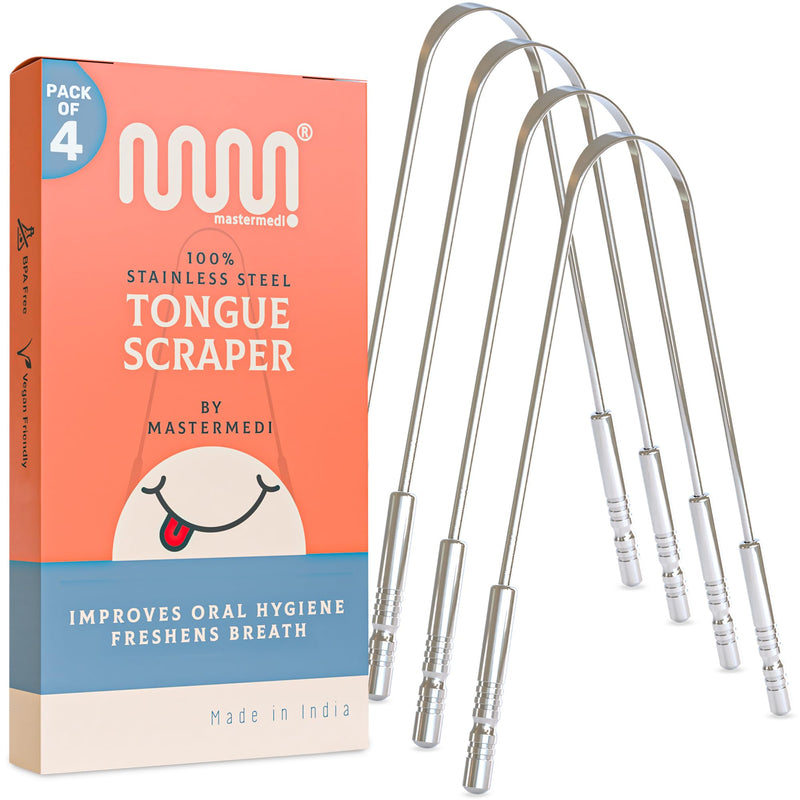Mastermedi 100% Stainless Steel Tongue Scraper - 4 Pack Fights Bad Breath Large For Oral Care, Medical Grade Tongue Cleaner For Adults And Children, Easy To Use With Non-Plastic Handle - NewNest Australia