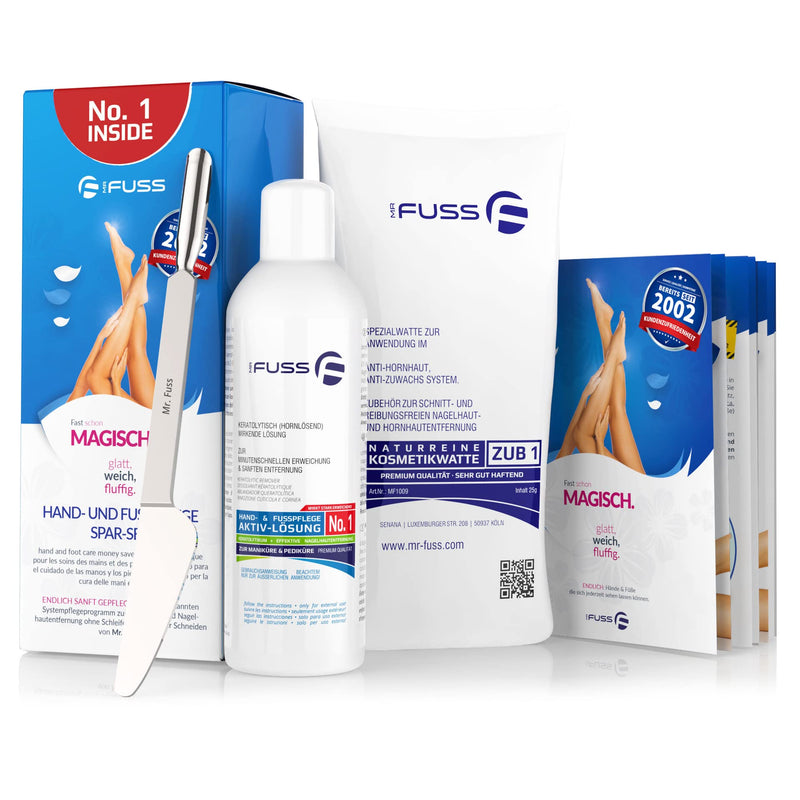 Mr. Fuss® No. 1 - Plus Pack Multi - Small, cuticle callus remover economy package 3 pieces. Active solution, quick & strong emollient - 200 ml, cotton wool, multitool - NewNest Australia