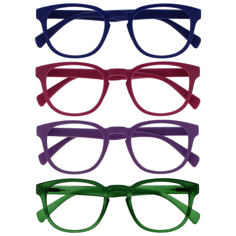 OPULIZE Pop Reading Glasses Pack of 4 Bold Round Matt Frame Spring Hinges Scratch-Resistant Men Women RRRR2-1367 Blue Pink Purple Green +3.00 Diopters (Pack of 4) Single - NewNest Australia