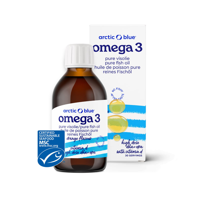 Arctic Blue Omega 3 fish oil - 150 ml liquid - high dose with DHA, EPA and vitamin D - without burping or fishy smell - arctic fish oil - MSC certified - orange flavor - NewNest Australia