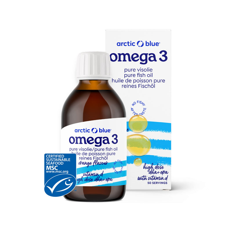 Arctic Blue Omega 3 fish oil - 250 ml liquid - high dose with DHA, EPA and vitamin D - without burping or fishy smell - arctic fish oil - MSC certified - orange flavor - NewNest Australia