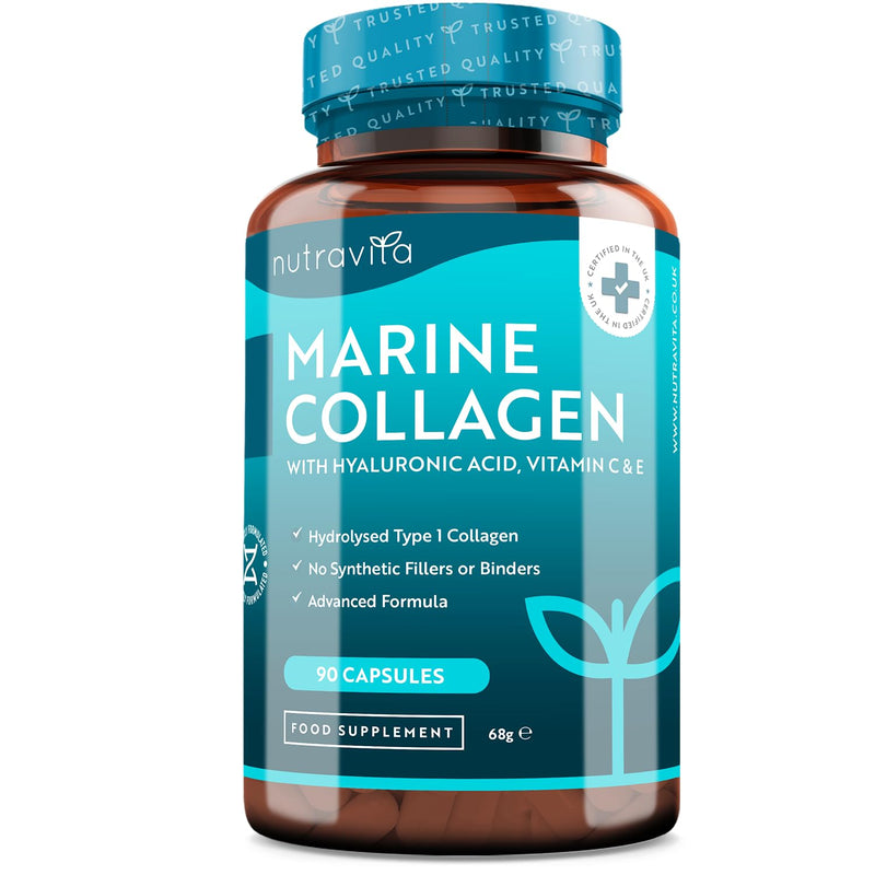 Marine Collagen - 1000 Mg - 90 Capsules With Premium Hydrolysed Type 1 Collagen - Enriched With Hyaluronic Acid, Vitamin C, E, B2, Zinc, Copper And Iodine - Made By Nutravita - NewNest Australia