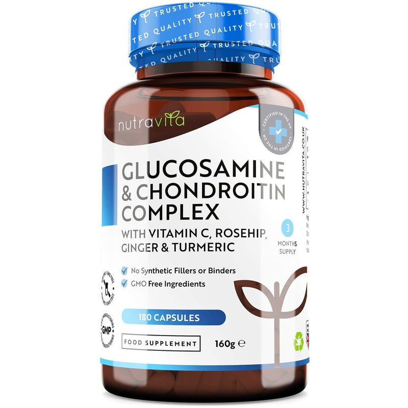 Glucosamine & Chondroitin Complex - 180 capsules - with vitamin C, turmeric, ginger and rose hip - GMO free and without additives - high dosage - NewNest Australia