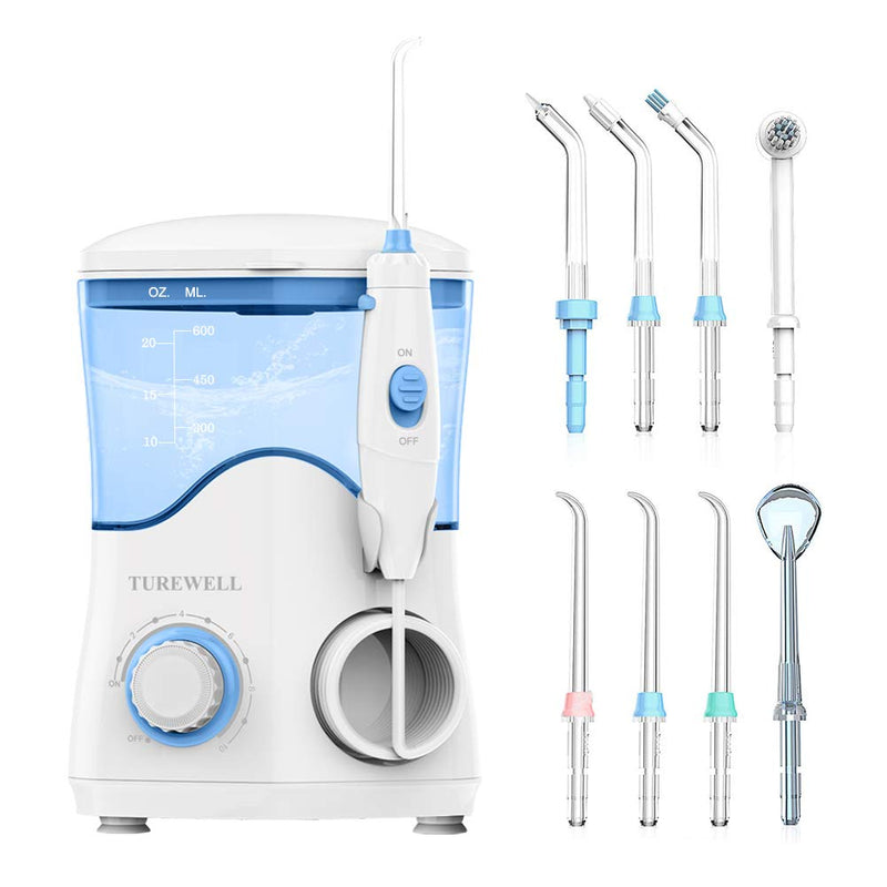 TUREWELL electric oral irrigator, professional oral irrigator with 10 adjustable water pressure values, 600ml capacity and 8 multifunctional nozzle tips (white) white - NewNest Australia