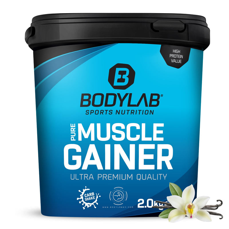 Bodylab24 Pure Muscle Gainer Vanilla 2000g, 100g each 33g natural carbohydrates, 40g protein and 12g fat, enriched with creatine monohydrate, perfect weight gainer shake for building mass - NewNest Australia