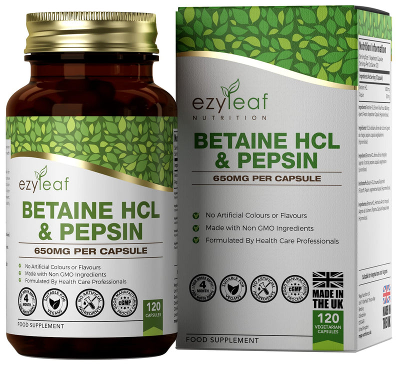 Ezyleaf Betaine Hcl Pepsin 680 Mg | 120 Vegan Betaine Hcl Capsules | Betaine Hydrochloride With Pepsin | Digestive Enzymes | No Artificial Ingredients | Iso Certificate, Gluten & Gmo Free | Made In - NewNest Australia