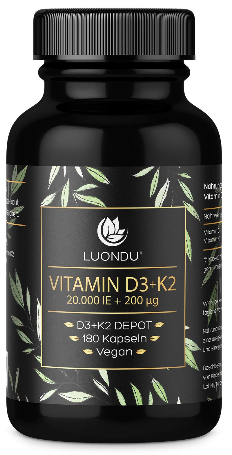 Luondu Vitamin D3, 20,000 Iu + Vitamin K2 Mk7, 200 Mcg Depot (180 Capsules High Dose And Vegan) Vitamin D3 K2 Capsules, High Dosage, One Capsule Every 20 Days, No Additives, Made In Germany - NewNest Australia