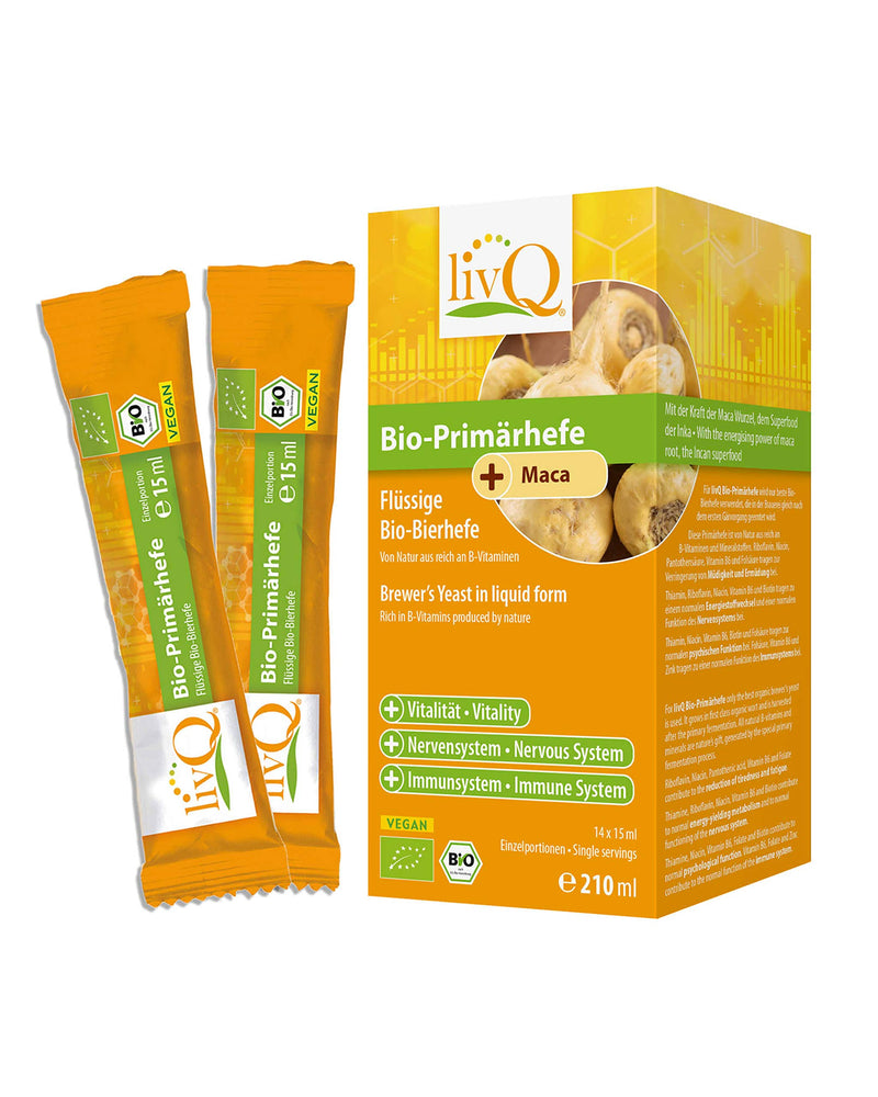 livQ Organic Primary Yeast Maca - Superfood Immune Booster I Organic Brewer's Yeast from Primary Fermentation with B Vitamins I Refreshing I Vegan & Lactose-Free I 210 ml - NewNest Australia