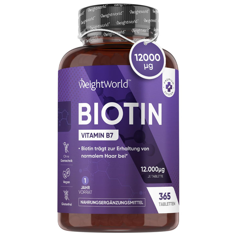 Biotin tablets - 12,000μg pure biotin for hair, skin and beard growth - 1 year supply with 365 vegan tablets - Vitamin B7 - Tested D-biotin (vitamin H) for women and men - From WeightWorld - NewNest Australia