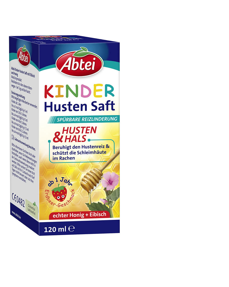 Abtei Children's Cough Juice - with strawberry flavor, marshmallow and honey - for children and toddlers from 1 year old - without alcohol, gluten-free, lactose-free - 1 x 120 ml - NewNest Australia