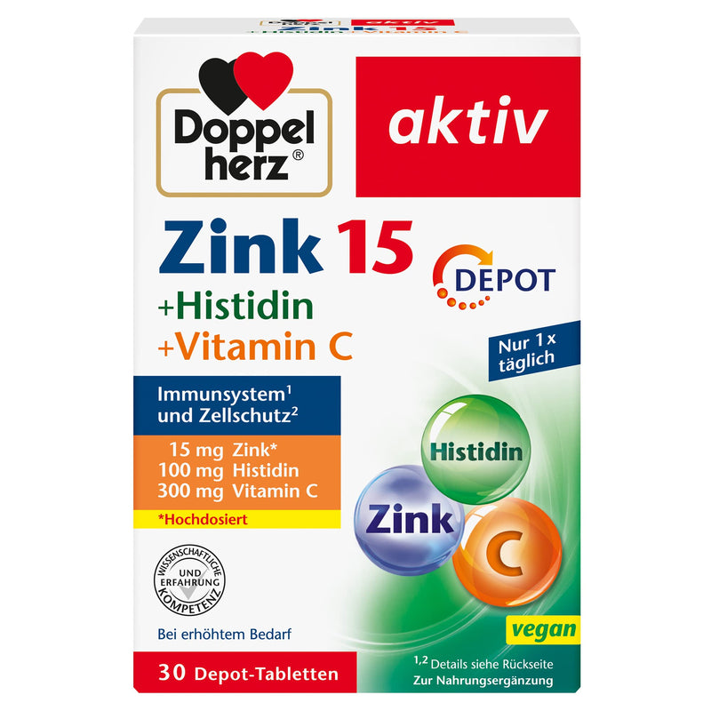 Doppelherz Zinc 15 + Histidine + Vitamin C - 15 mg zinc as a contribution to the normal function of the immune system and to the maintenance of normal skin - 30 vegan depot tablets 30 tablets - NewNest Australia