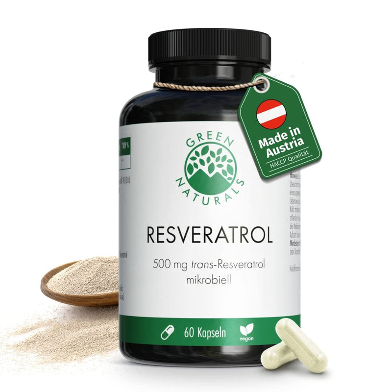 Resveratrol (60 capsules of 500 mg each) from yeast - Austrian production - 100% vegan & without additives - supply for 2 months 60 pieces (pack of 1) - NewNest Australia