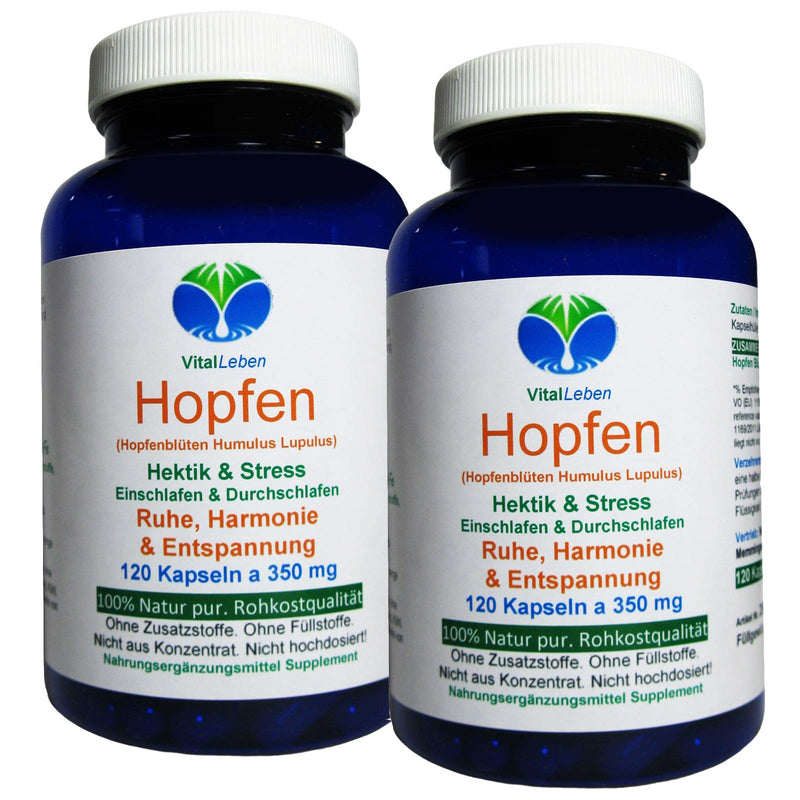 HOPS - Pure hop blossoms (Humulus Lupulus). 240 (2x120) hop flower powder capsules each 350mg. Peace and relaxation during hectic times and stress. Menopause harmony. PURE NATURE - without ADDITIVES. 26655-2 240 pieces (pack of 1) - NewNest Australia