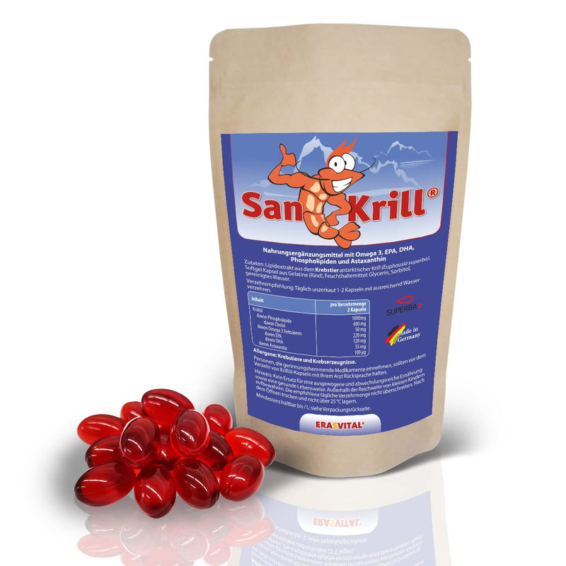 Krill oil SanKrill 180 capsules 500 mg each Superba Antarctic krill oil with high-dose omega 3 fatty acids (EPA, DHA) and astaxanthin - NewNest Australia