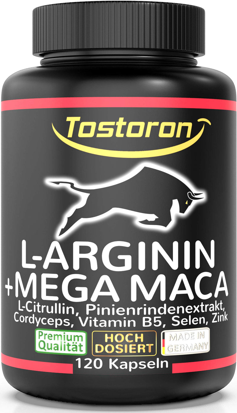 Tostoron, L-Arginine + Mega Maca - 120 Capsules - Extra Strong + High Dose - Laboratory Tested - Plus L-Citrulline, Pine Bark Extract, Cordyceps, Vitamin B5, Selenium, Zinc - 1 Tub (1 x 98.5 g) - NewNest Australia