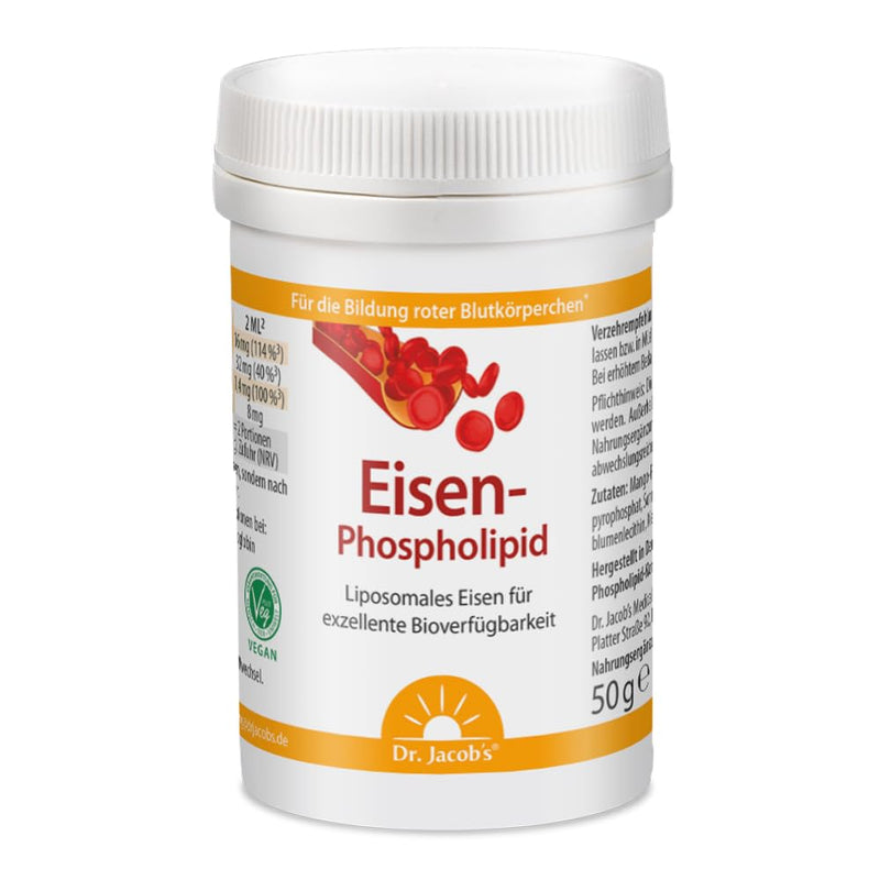 Dr. Jacob's iron phospholipid can 50 g I for blood formation¹, concentration² and less fatigue³ I Liposomal I No iron taste I Also for small children I 100 portions - NewNest Australia